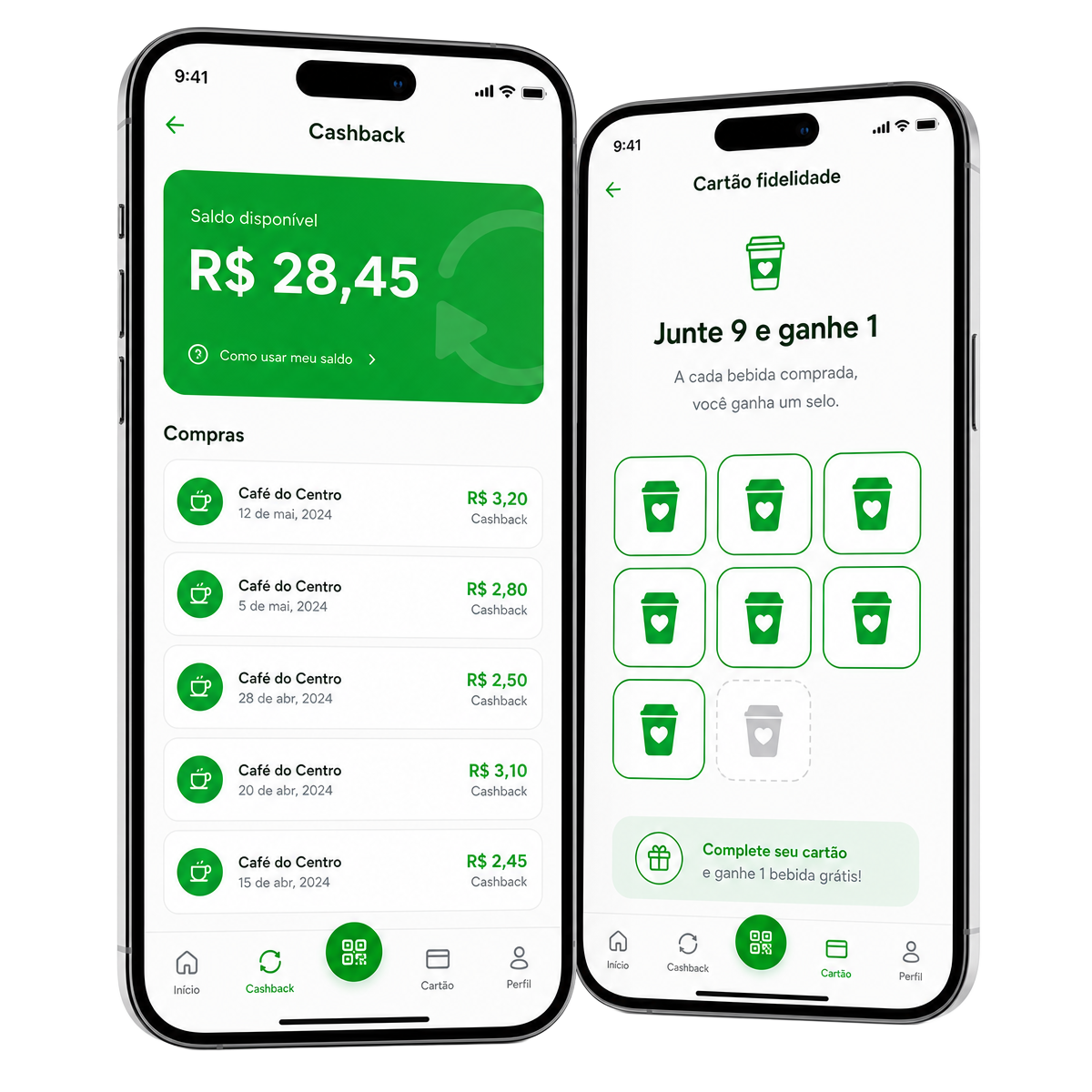 Telas de cashback e cartão fidelidade do app Fydely